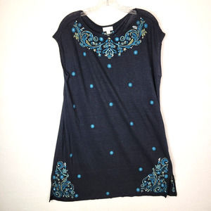 J. Jill Womens Embroidered Linen Floral Tunic Top Size Large Blue Lightweight